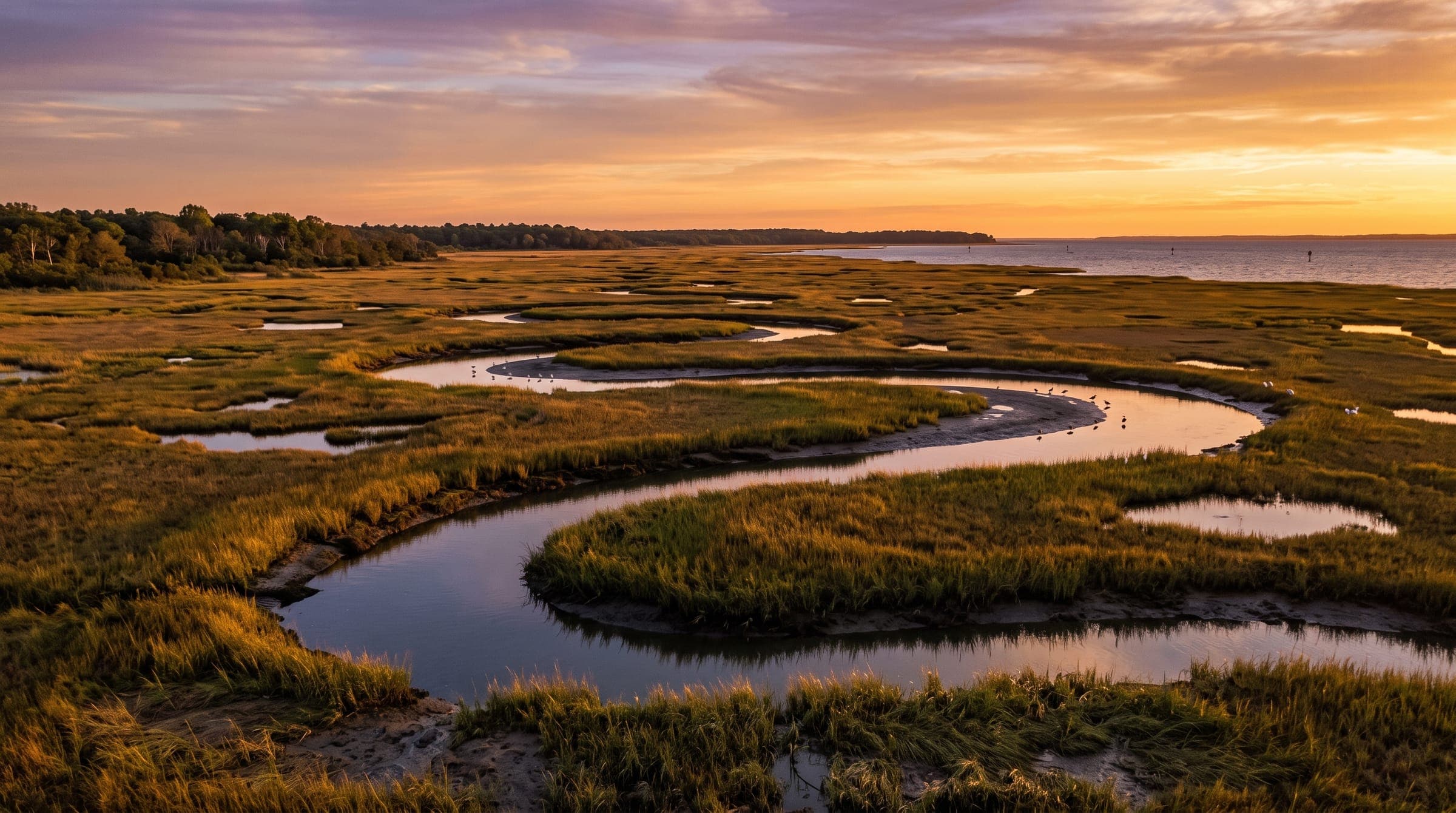 A tidal salt marsh on Delaware Bay at golden hour